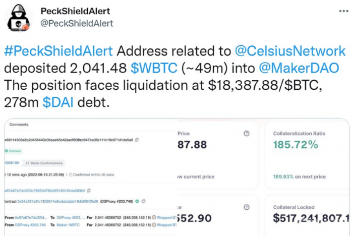 Celsius相关地址向Maker存入2041.48枚WBTC