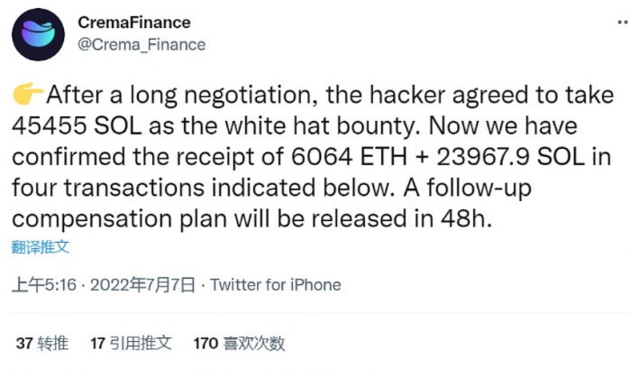 Crema Finance攻击者已归还超800万美元的被盗资金
