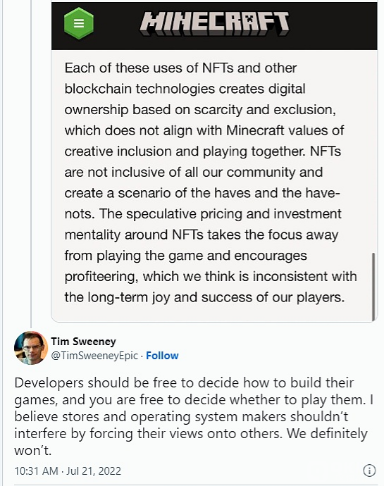 Epic Games CEO：绝对不会像《我的世界》那样禁止NFT