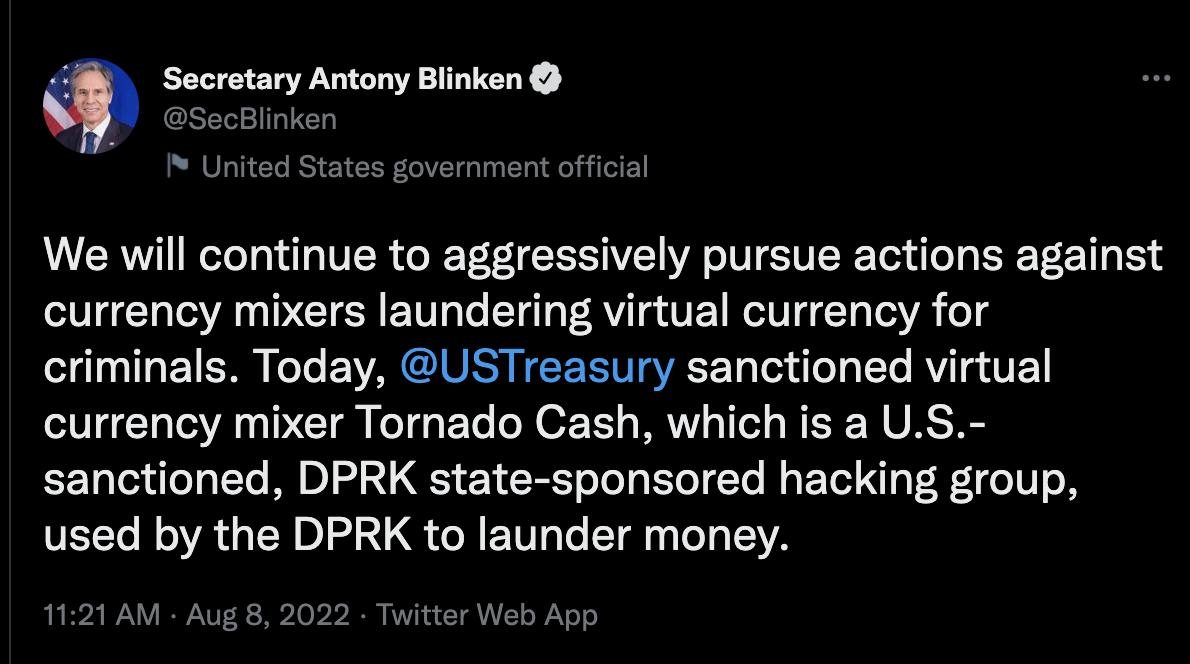 布林肯称Tornado Cash是北韩黑客组织后删文