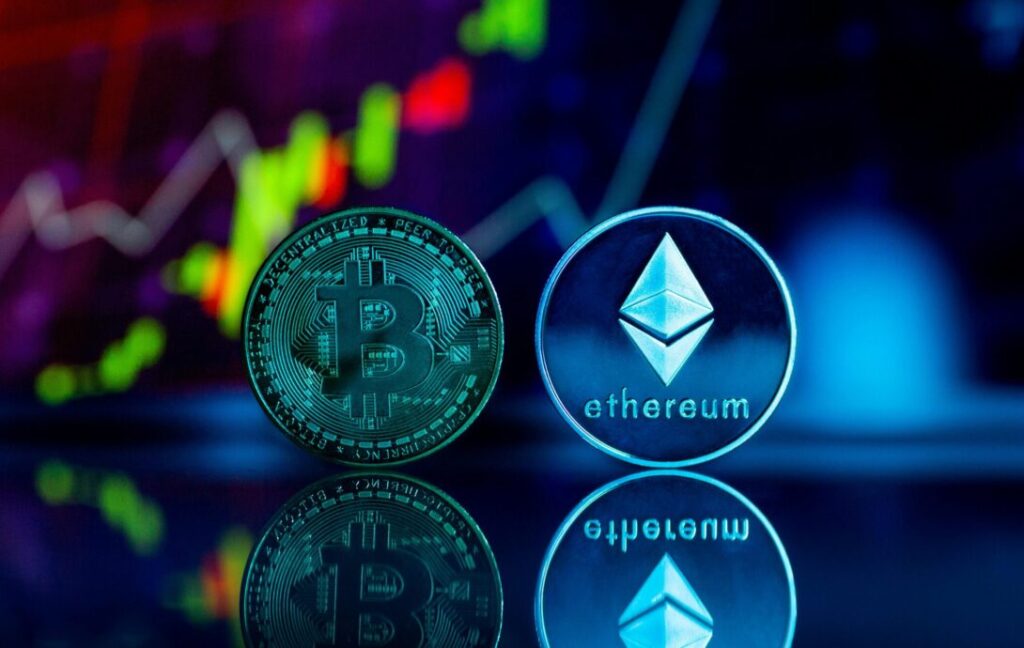 Bitcoin and Ethereum physical coins against price chart background