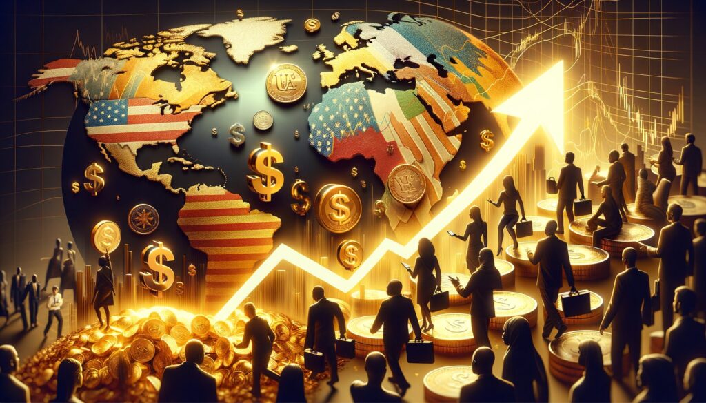 Digital globe with crypto symbols and investors surrounding it