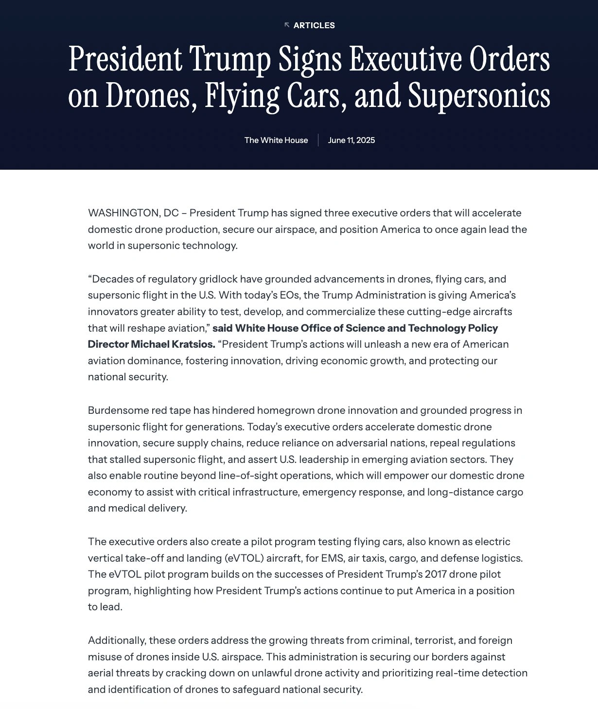 President 王牌 signs executive order for pilot program for flying cars