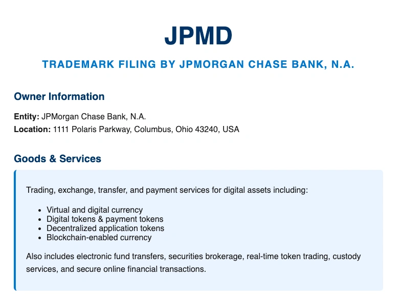 World’s largest bank, JPMorgan files JPMD trademark for likely stablecoin
