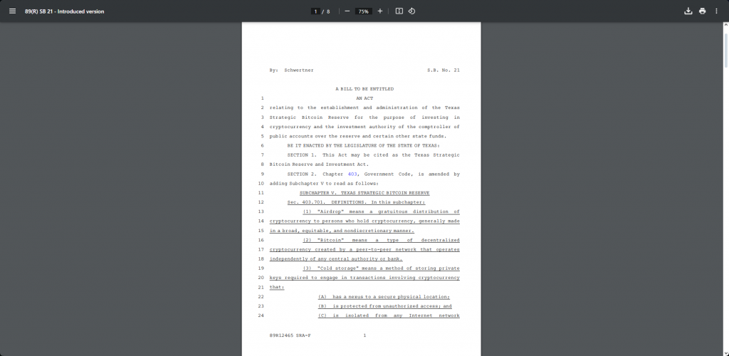 德克萨斯战略比特币储备 bill text