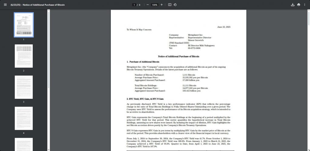 MetaPlanet 关于追加购买比特币的通知