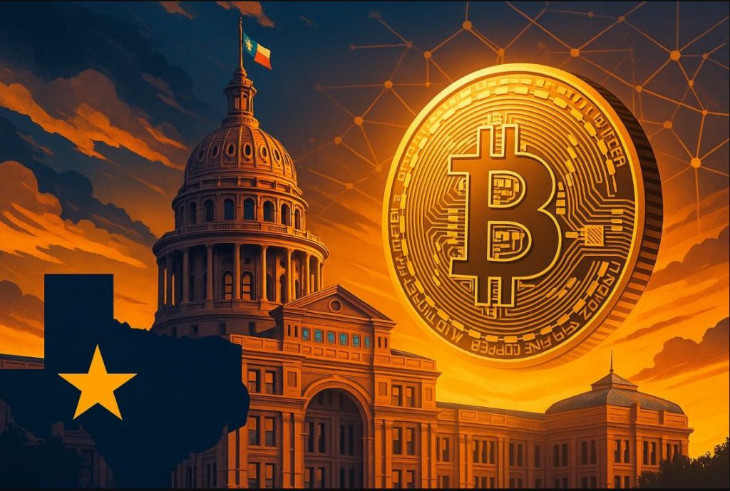Texas Comptroller office building with Bitcoin symbols