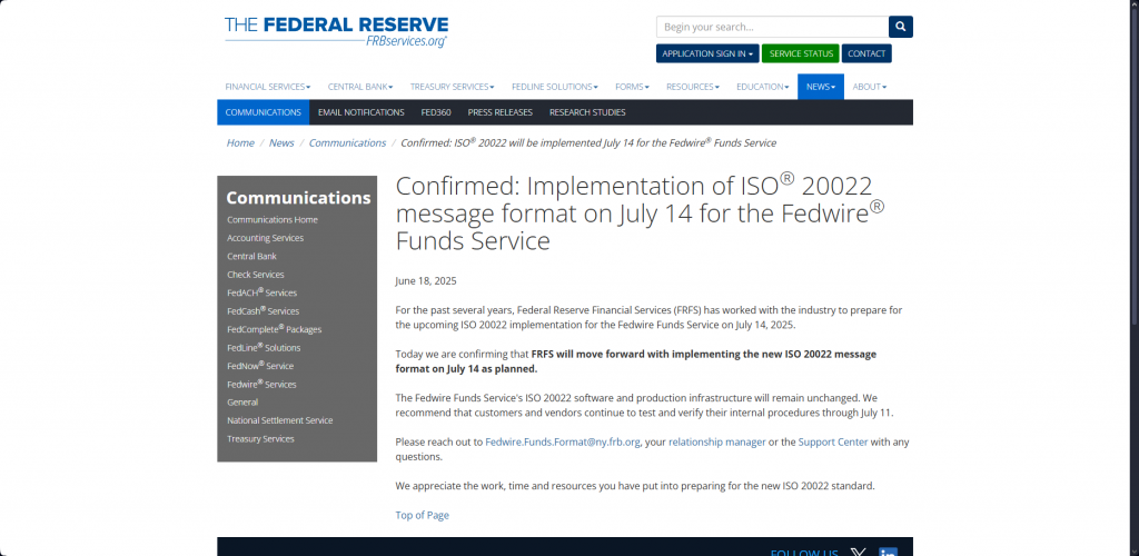 Federal Reserve Official ISO 20022 Implementation Announcement
