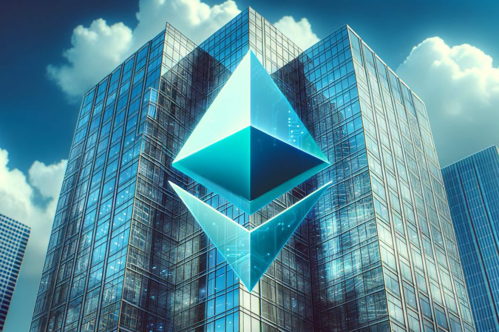 JPMorgan headquarters with Ethereum logo overlay