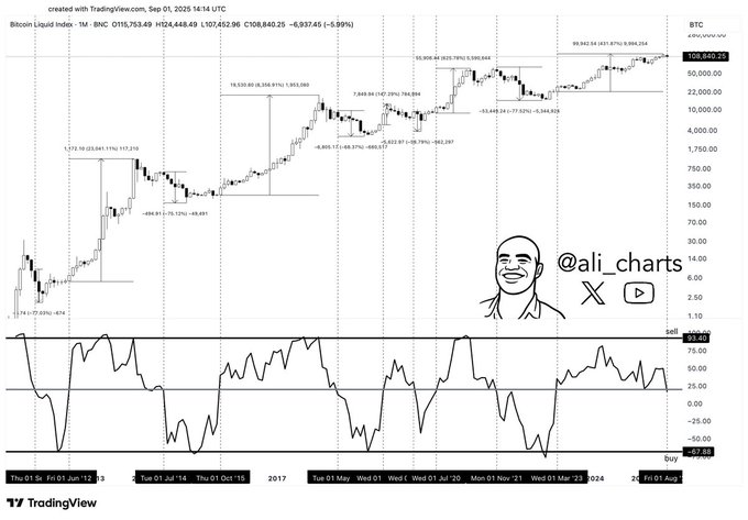 A chart displaying Bitcoin price movements over time, with candlestick patterns 和 trend lines. A smaller chart below shows the Chande Momentum Oscillator (CMO) with values above and below 20. A cartoon drawing of Ali from @ali_charts is visible, smiling with the text "ali_charts X" next to it. Text overlays include price levels, dates from 2017 to 2024, and technical indicators.