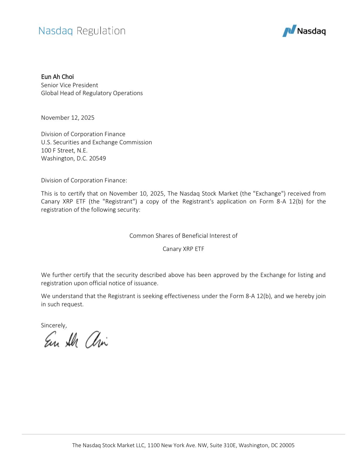Nasdaq Certifies Canary XRP ETF