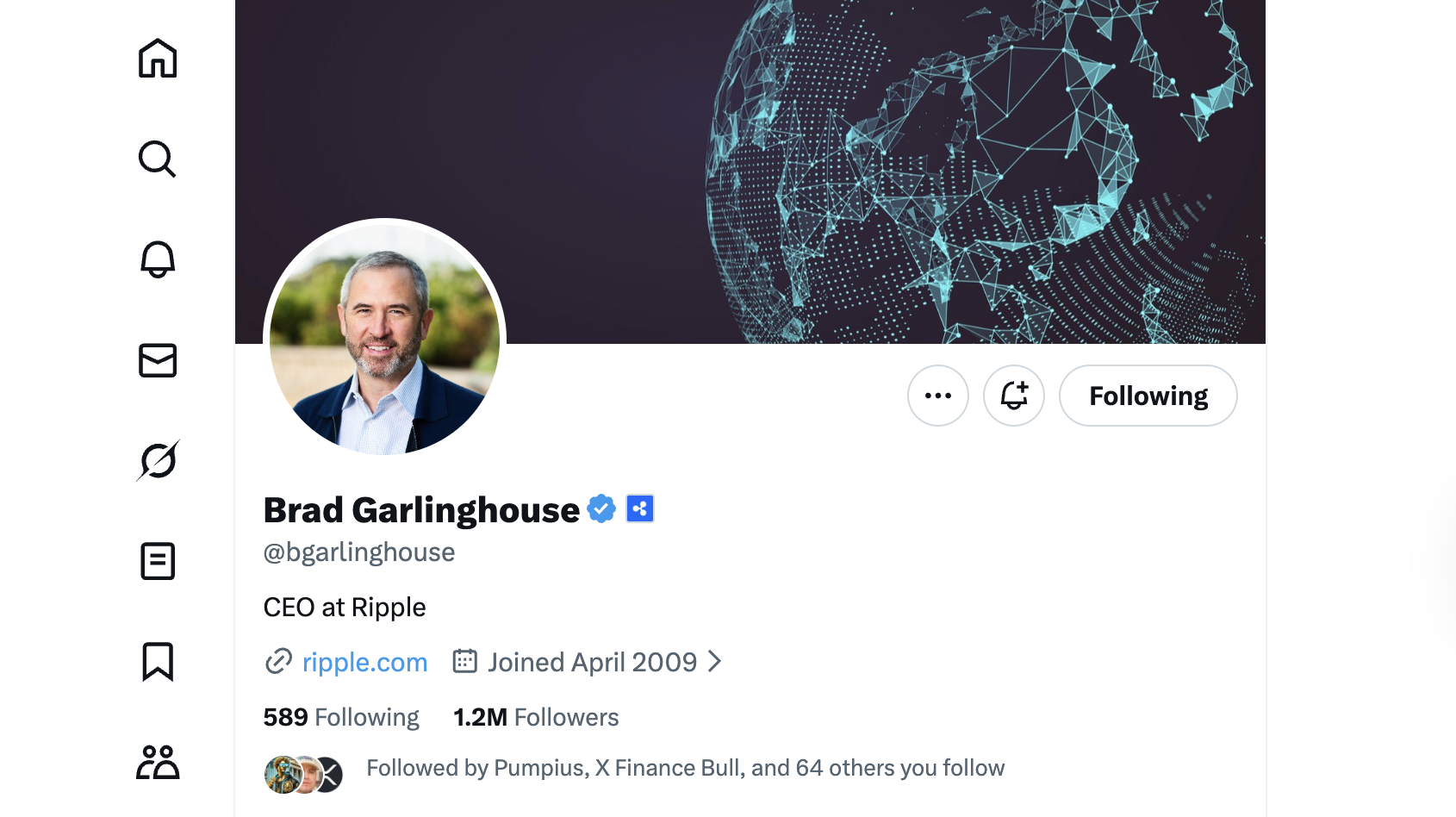 Ripple CEO X profile with 589 following Ripple CEO X profile with 589 following