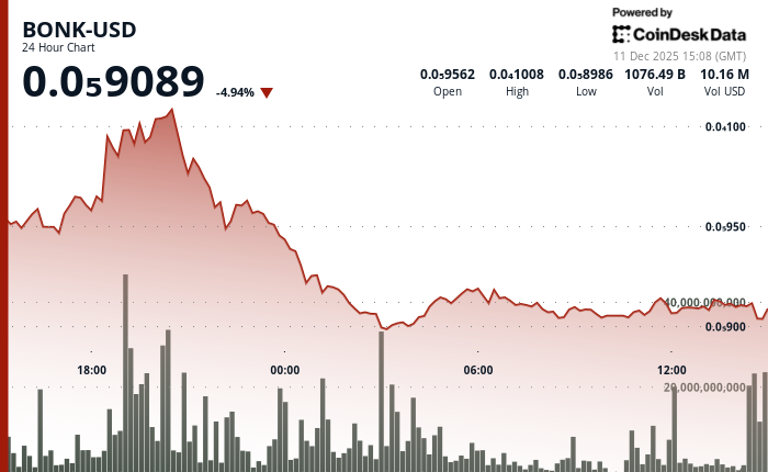 BONK 价格下跌趋势延续，阻力位受阻后回落至支撑位附近