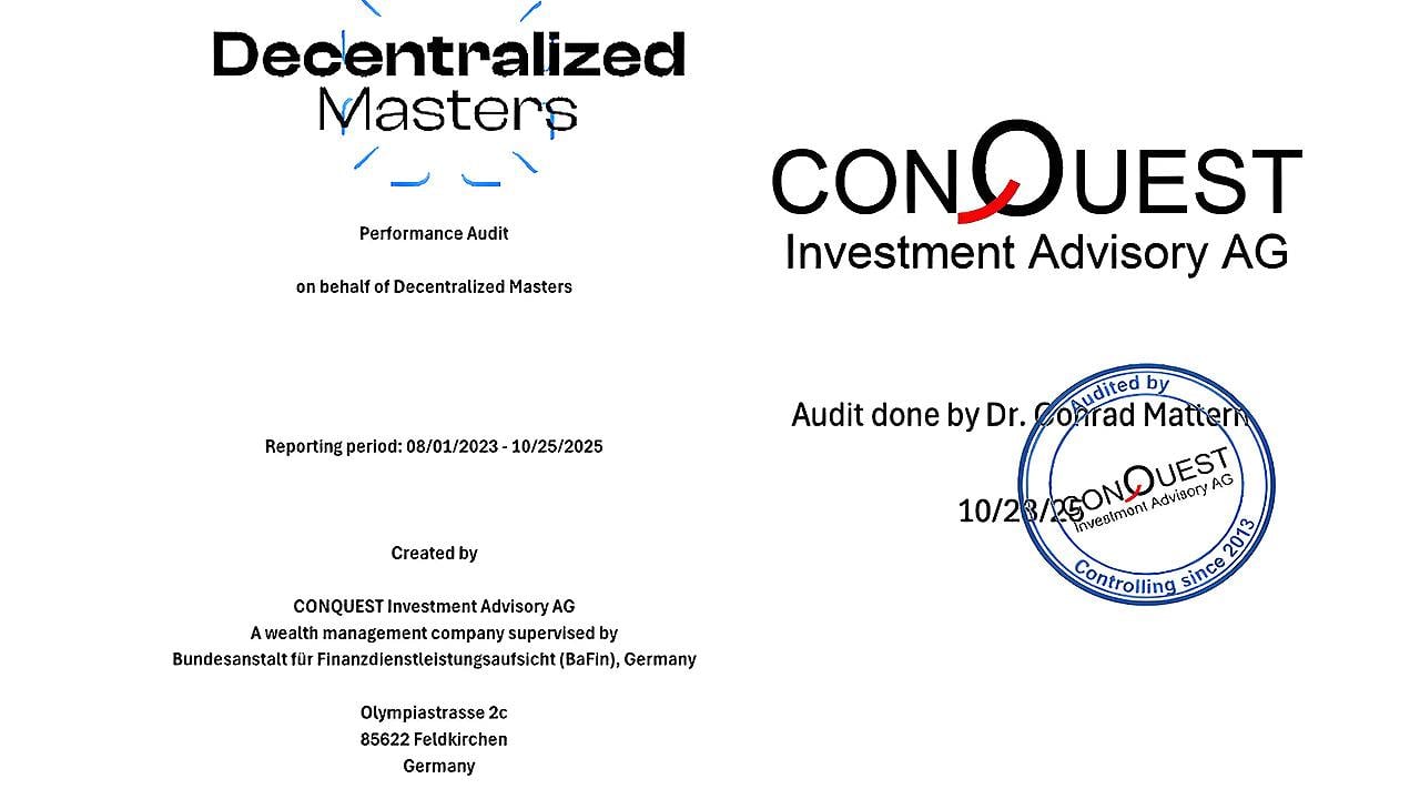 经独立审计的去中心化大师赛结果：胜率 87%，508 个交易信号中最低收益 20%