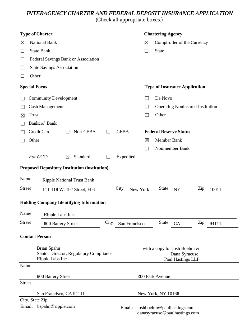 Ripple Bank Charter Application Ripple Bank Charter Application