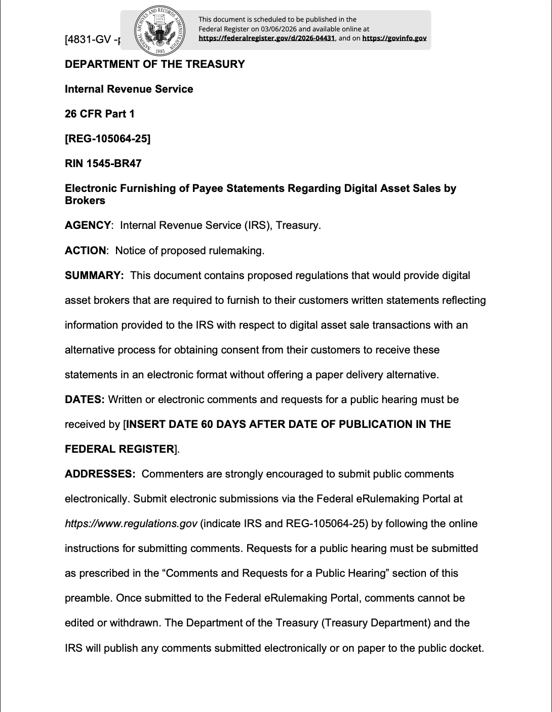 美国国税局（IRS）提议强制要求加密货币税表以电子方式交付