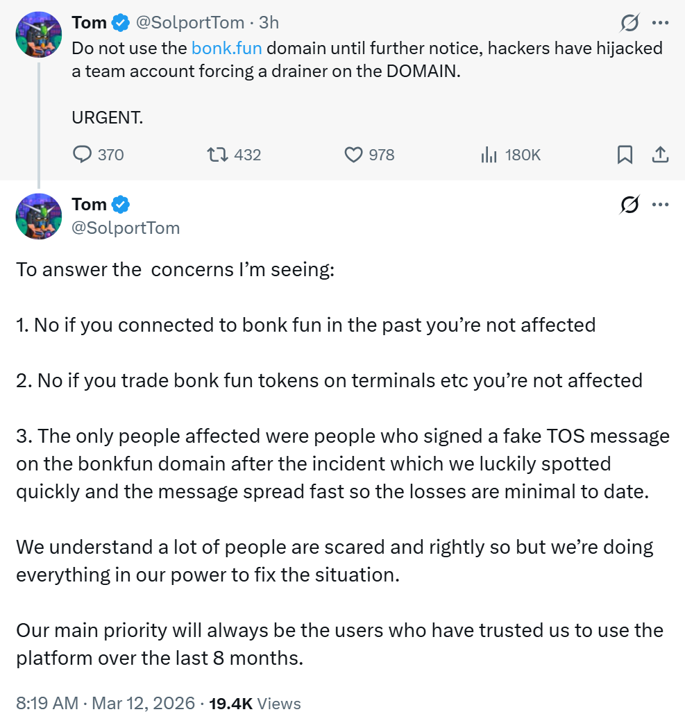 Bonk.fun警告：黑客在钱包盗空攻击中劫持了域名