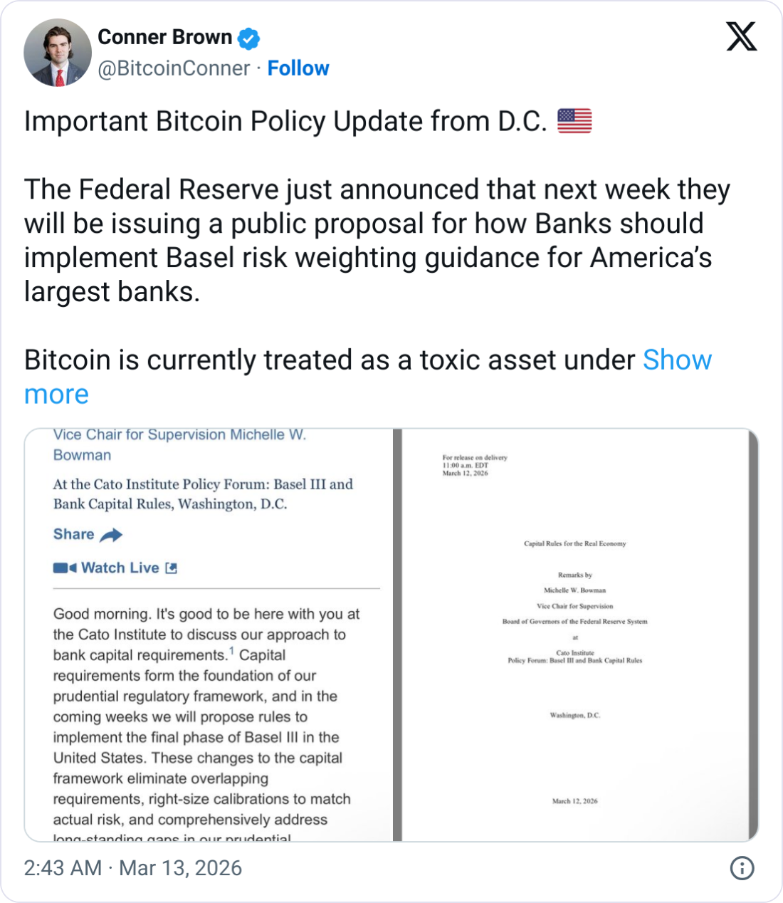 比特币（BTC）倡导组织将抵制巴塞尔协议对加密货币的”有毒”对待