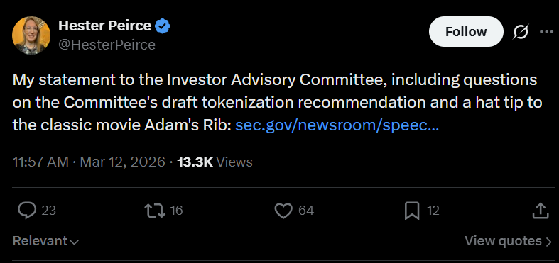 美国证券交易委员会&ldquo;加密货币之母&rdquo;呼吁简化披露规则，并指出代币化争议