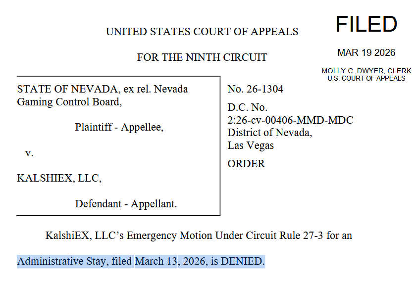 上诉法院驳回 Kalshi 阻止内华达州禁令的请求