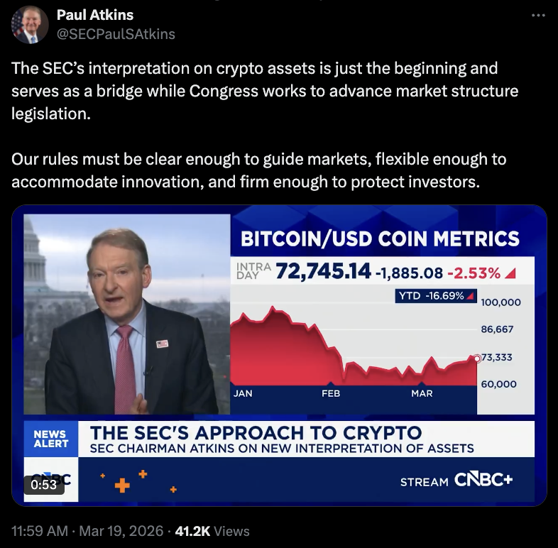 Atkins称，SEC对加密法规的解释&ldquo;只是一个开始，而非终点&rdquo;