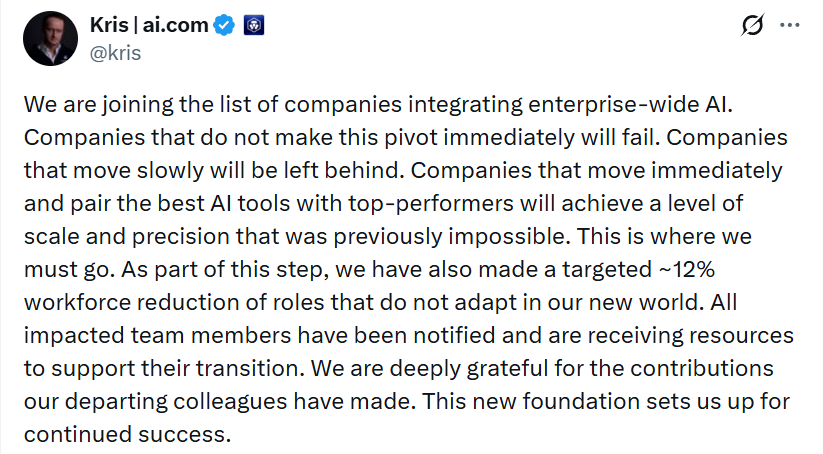 Crypto.com裁员12%，加速推动人工智能发展