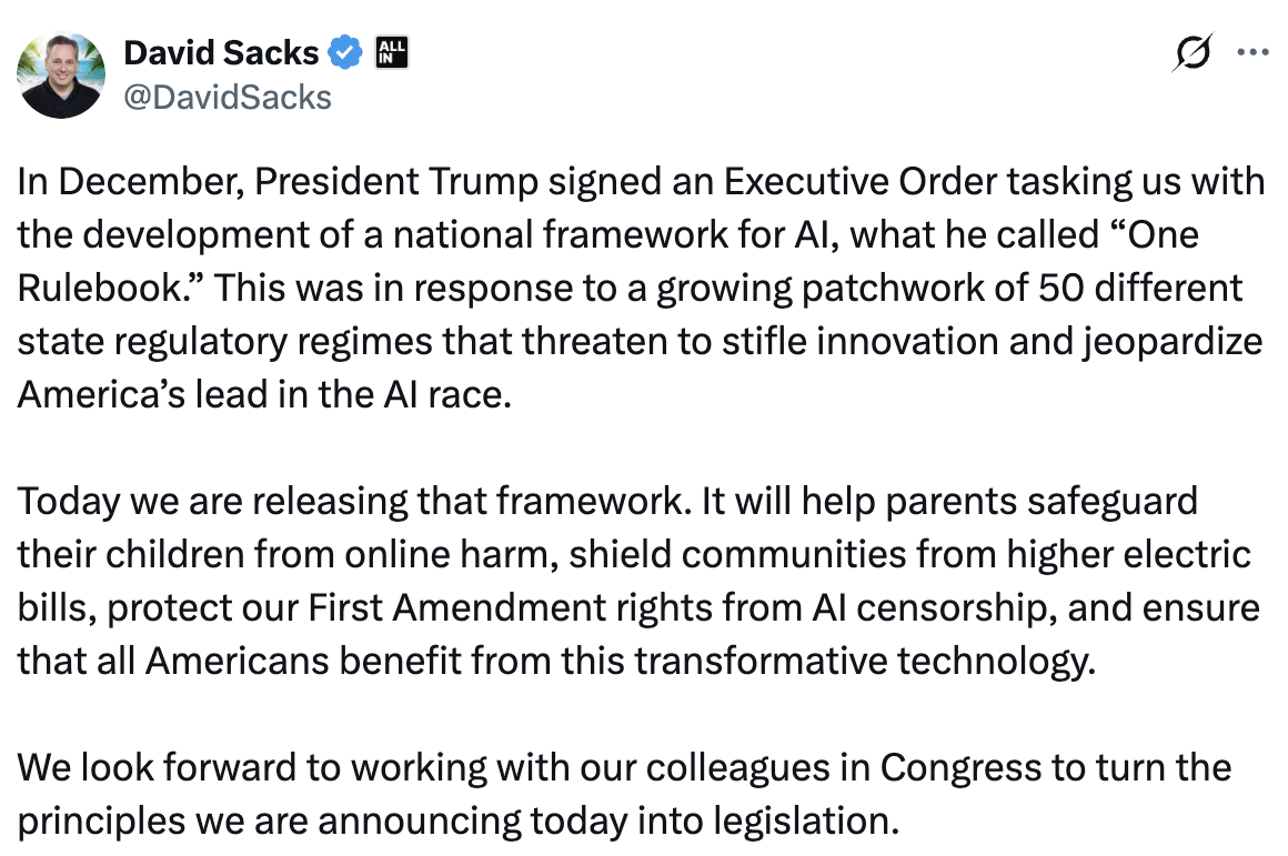 白宫概述国家人工智能框架，呼吁联邦政府统一应对