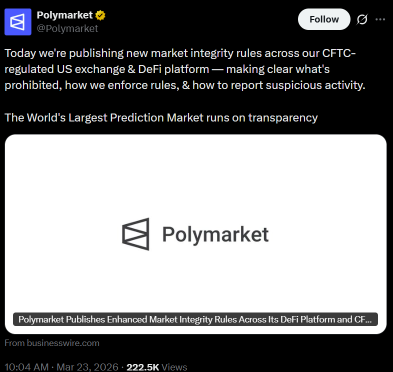 Polymarket收紧规则以遏制操纵行为和内幕交易风险