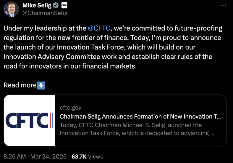 美国商品期货交易委员会（CFTC）主管成立创新工作组，专注于加密货币框架