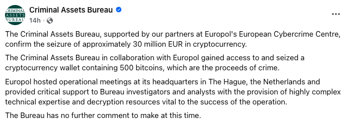 爱尔兰警方时隔多年成功打开比特币（BTC）钱包，曾被认为私钥已遗失