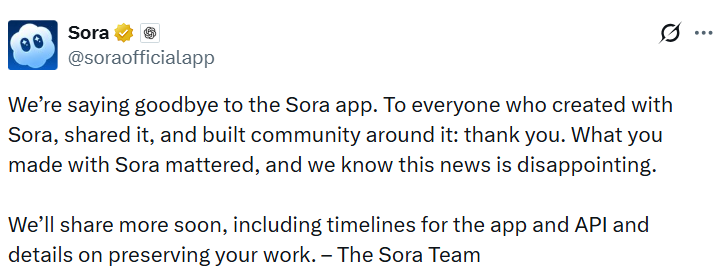 OpenAI 上线仅 6 个月后关停 AI 视频应用 Sora