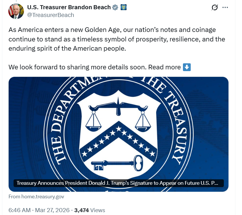 特朗普将把自己的签名印上美元，打破自 1861 年以来的传统