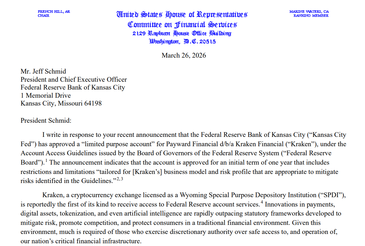 美国立法者就Kraken主账户批准向堪萨斯联邦储备银行施压