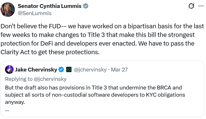 Lummis表示，《CLARITY法案》提供&ldquo;最强&rdquo;的开发者保护
