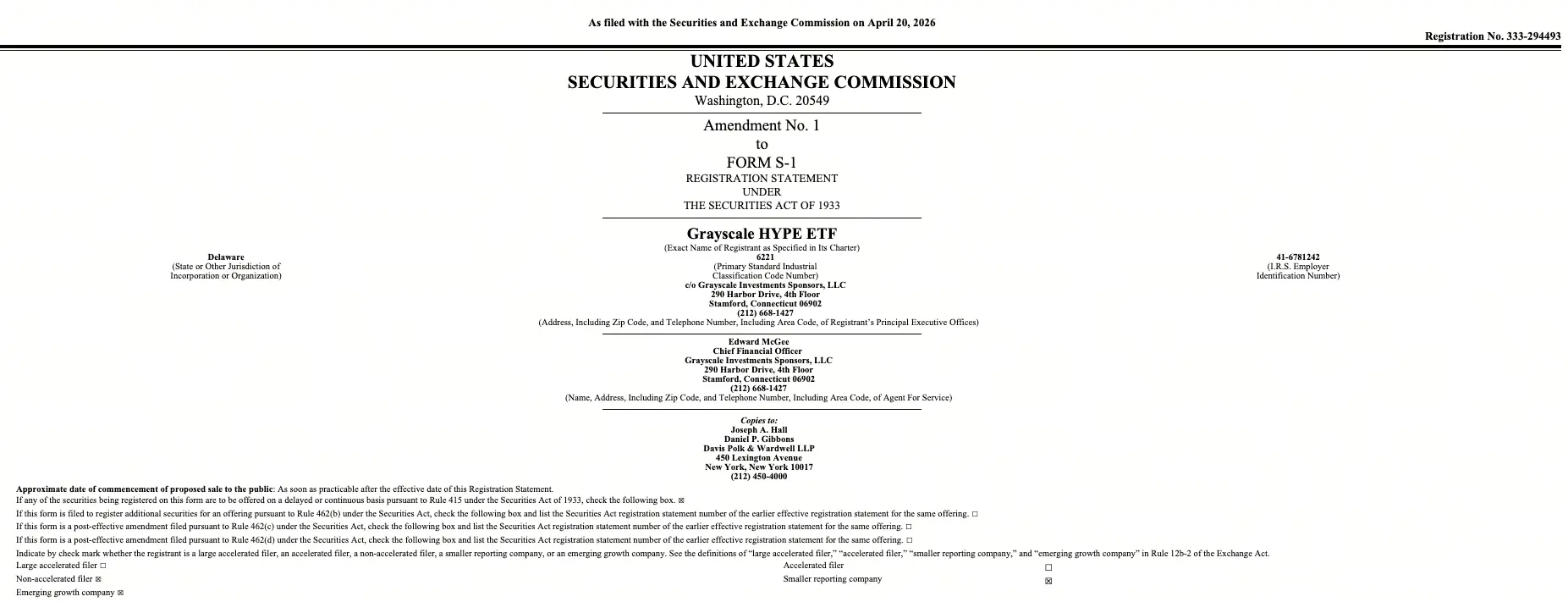 灰度更新 HYPE ETF 文件，安克雷奇数字银行担任托管人