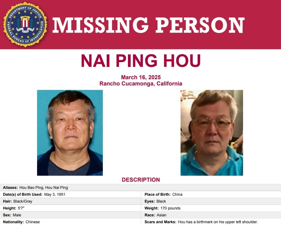 FBI：一名加州华裔男子失踪，曾提出 100 万用于购买黄金及加密货币