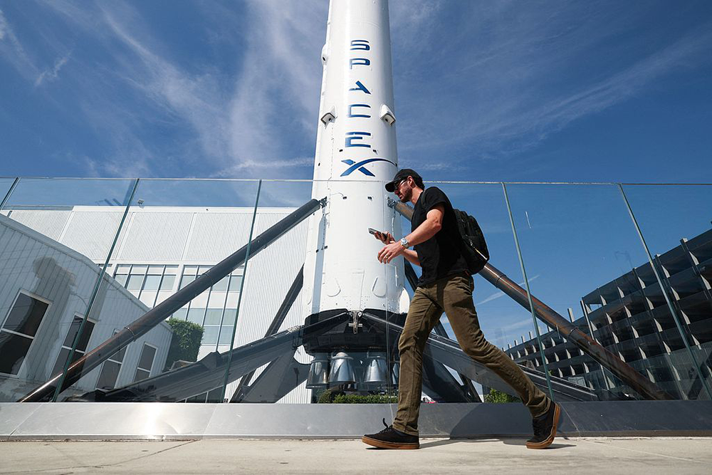 SpaceX Falcon 9 rocket displayed at a SpaceX facility in Hawthorne, California, on March 26, 2026