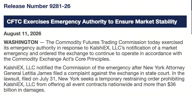 CFTC 转而发布紧急行政命令，要求 Kalshi 无视纽约州 360 亿美元的诉讼，继续运营