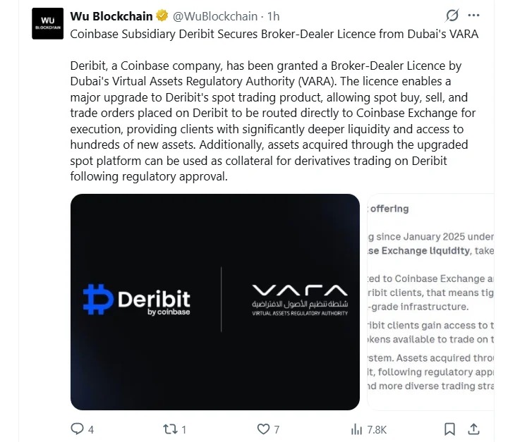 web3: Deribit获迪拜牌照并接入Coinbase流动性
